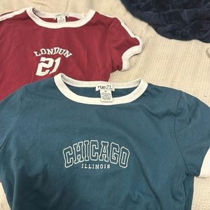 Two crop tops, green, burgundy